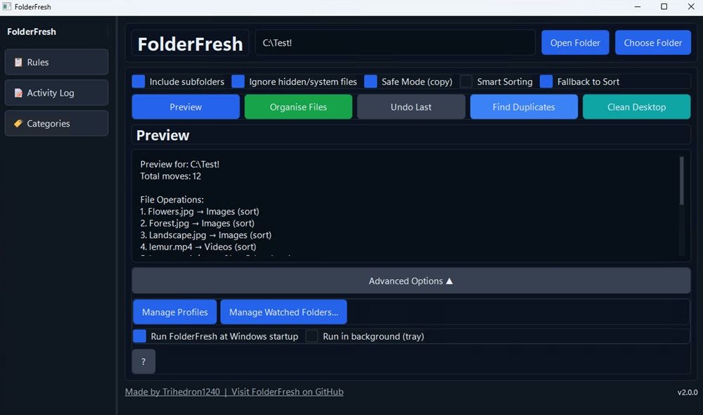 Interfaz de organización de carpetas con FolderFresh