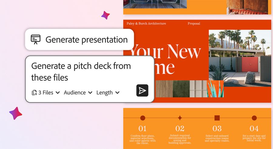 Nueva función IA para generar presentaciones multimedia en Adobe Express.
