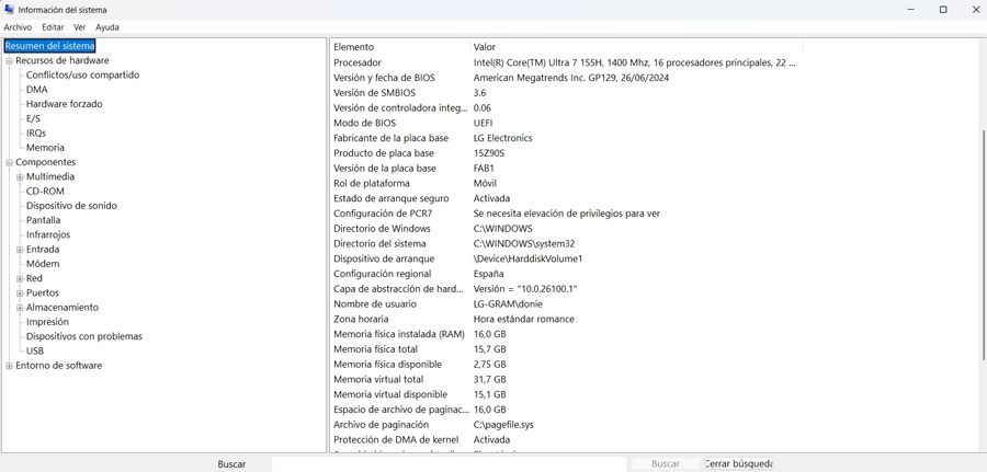 Función llamada Información del sistema que forma parte de Windows.