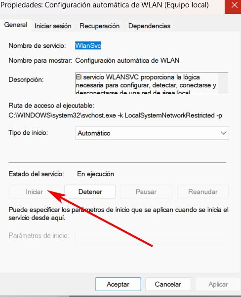 Botón que nos permite iniciar el servicio Wlan de Windows 11.