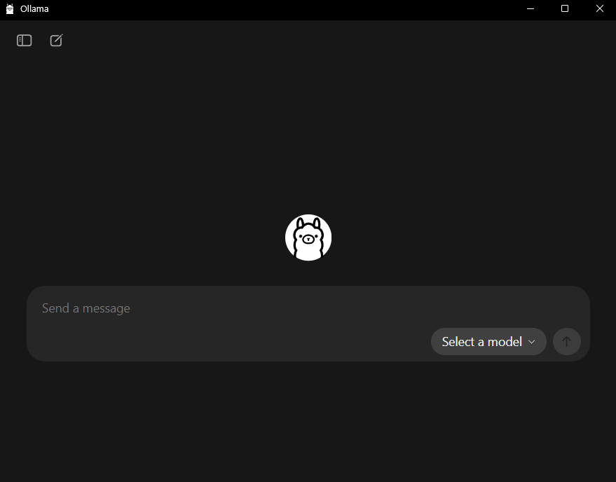 Interfaz principal de Ollama, donde encontramos su logo y un cuadro de texto, desde donde seleccionar el modelo adecuado.