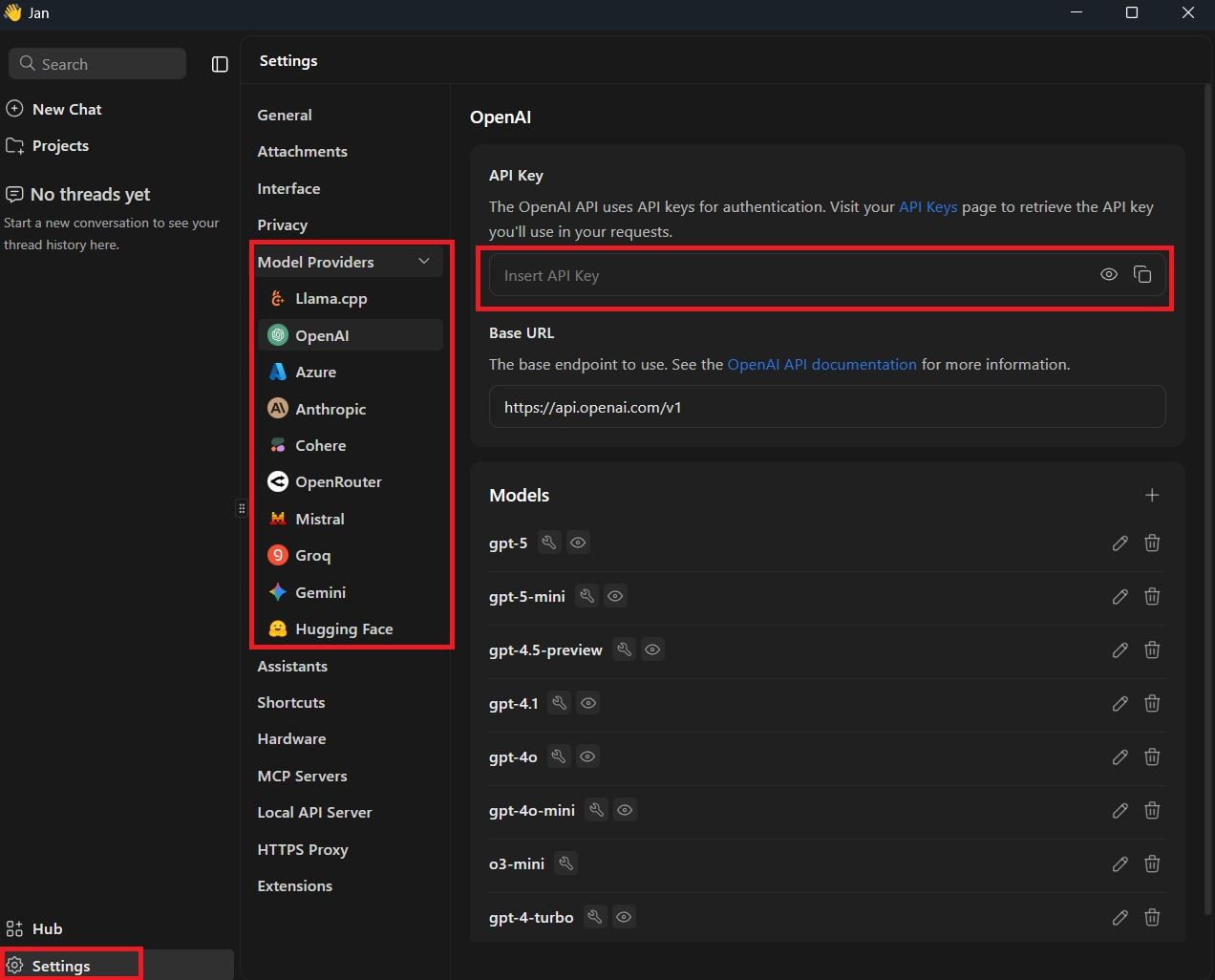 Modelos vía API online disponibles en Jan.