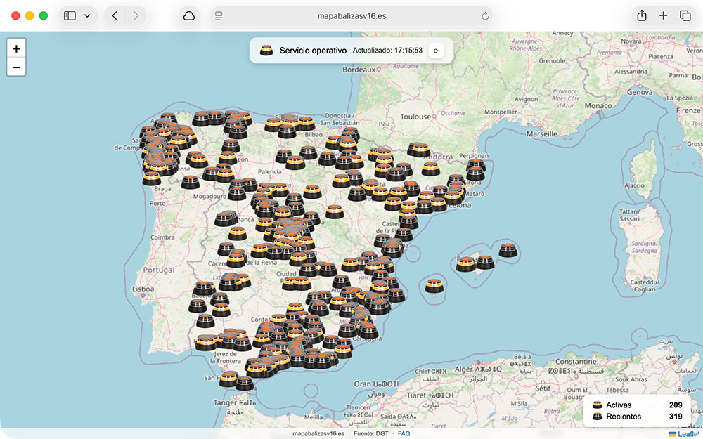 Un mapa en tiempo real de las balizas V16 activas en España