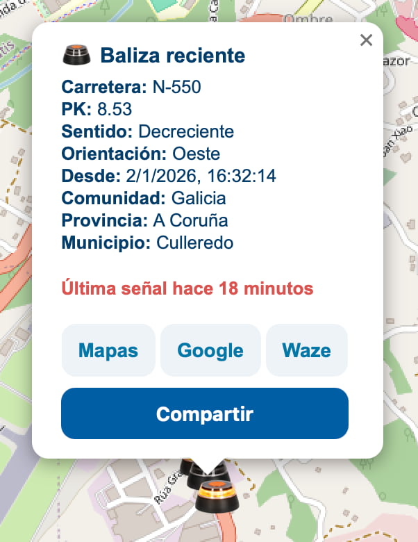 Captura de pantalla con los detalles de una baliza activa