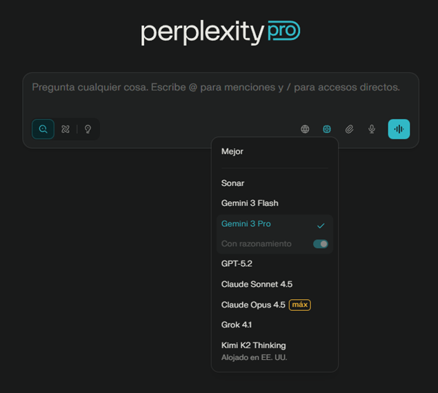 Modelos disponibles en Perplexity a través de un listado en que encontramos ChatGPT o Gemini