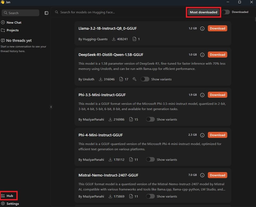 Interfaz de Jan de modelos descargables a través de la pestaña Hub.