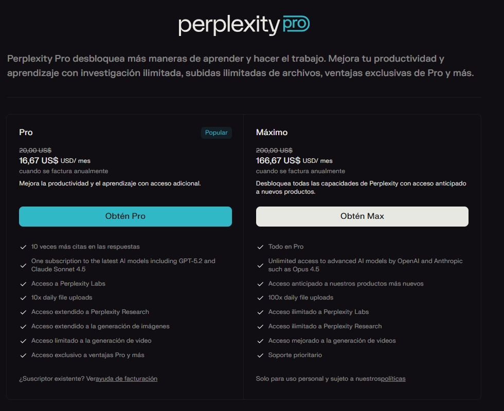 Modelos de pago de Perplexity, Pro y Máximo, con su correspondiente información desglosada