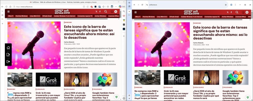 Pestañas verticales en el navegador Edge a la izquierda vs Google Chrome a la derecha.
