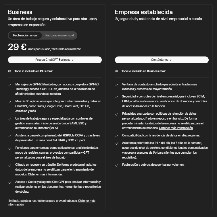 Planes Business y Empresa establecida disponibles en ChatGPT.