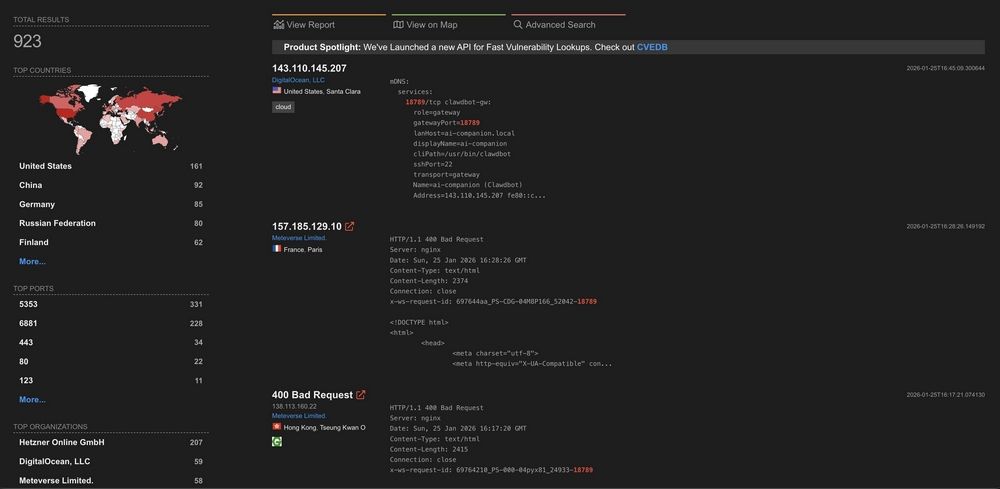 Panel de Shodan con mapa de calor global, estadísticas de red y banners de respuesta técnica de servidores.