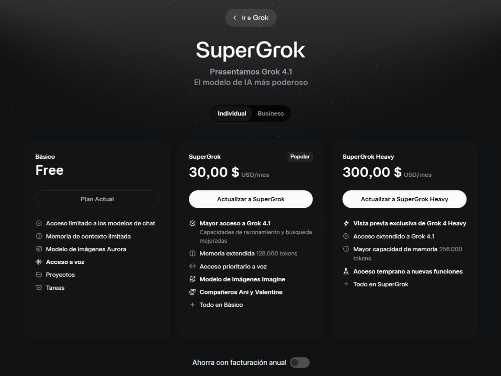 Planes de pago de la IA Grok
