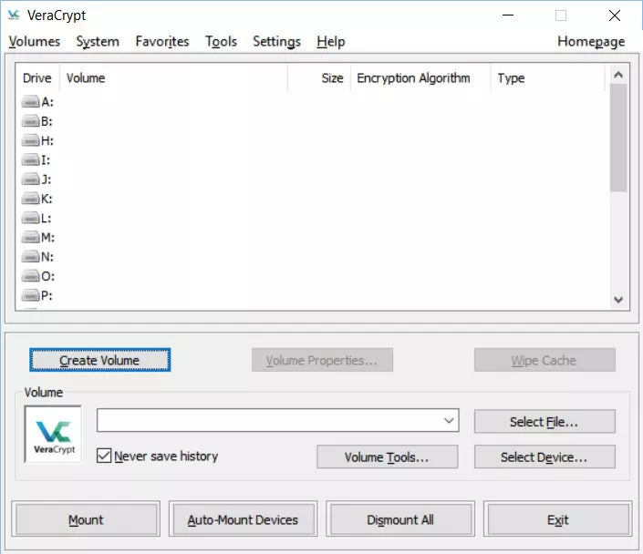 Ventana del software de cifrado Veracrypt para empezar a configurarlo.