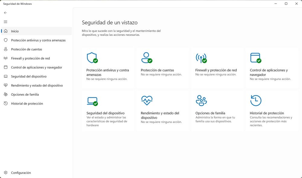 Panel de Seguridad de Windows con iconos que indican el estado de protección y configuración del sistema.