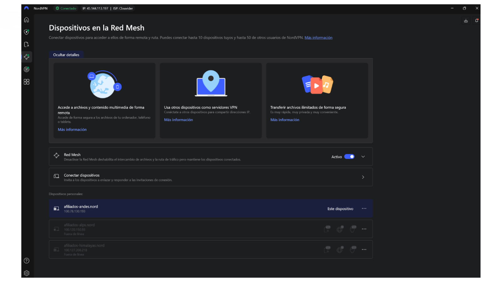Interfaz de NordVPN en PC
