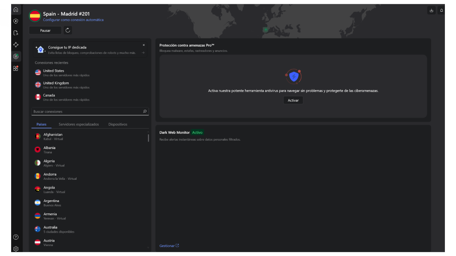 Interfaz de NordVPN en PC