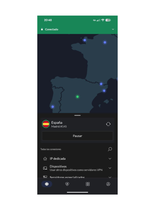 Interfaz de NordVPN en smartphones