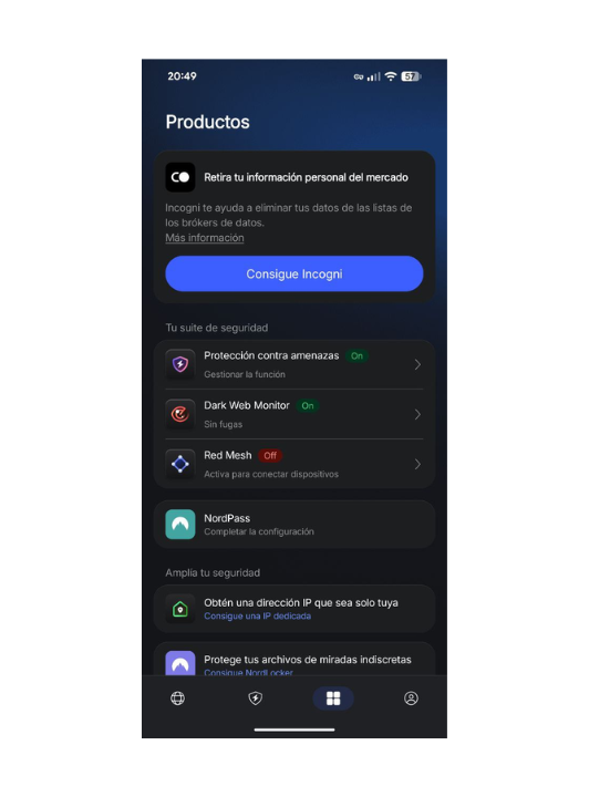 Interfaz de NordVPN en smartphones