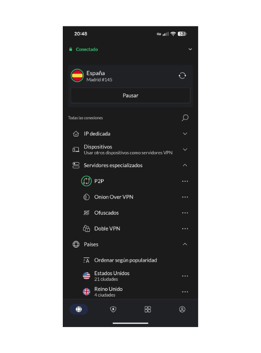 Interfaz de NordVPN en smartphones