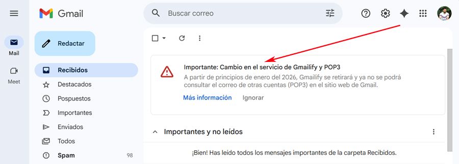 Mensaje informativo de Google con los cambios que se van a producir en el correo Gmail.