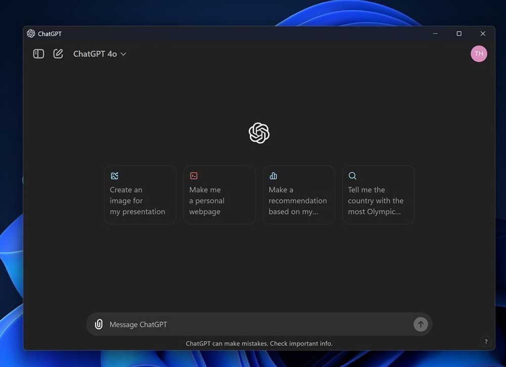 App de ChatGPT disponible para Windows 11. Versión de escritorio
