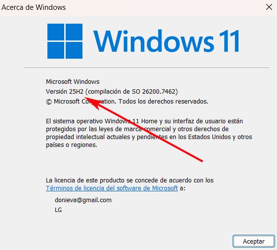 Comando de Windows winver para ver la versión del sistema instalada en el PC.