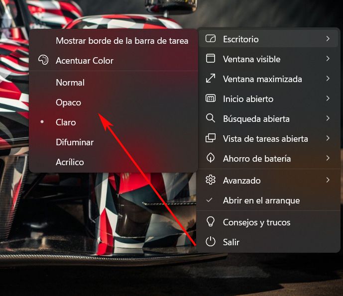 Ventana de configuracion de la aplicación gratuita Translucent TB para hacer transparente la barra de tareas.