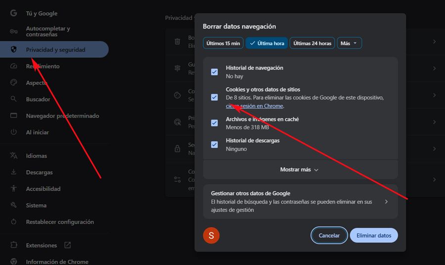 Función para eliminar las cookies y otros datos guardados de Google Chrome.