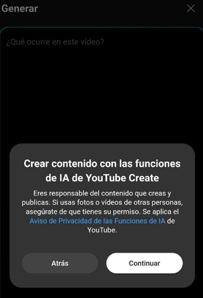 Ventana para crear un vídeo con funciones IA en YouTube Create.