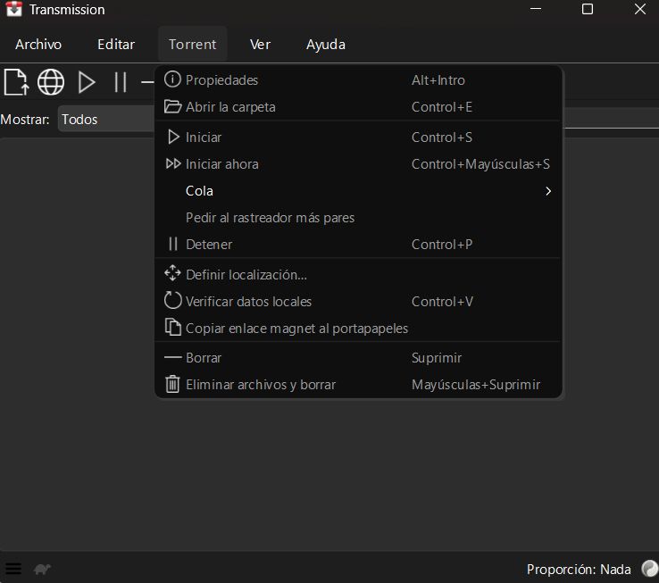 Interfaz principal del cliente para descargar torrent, Transmission.