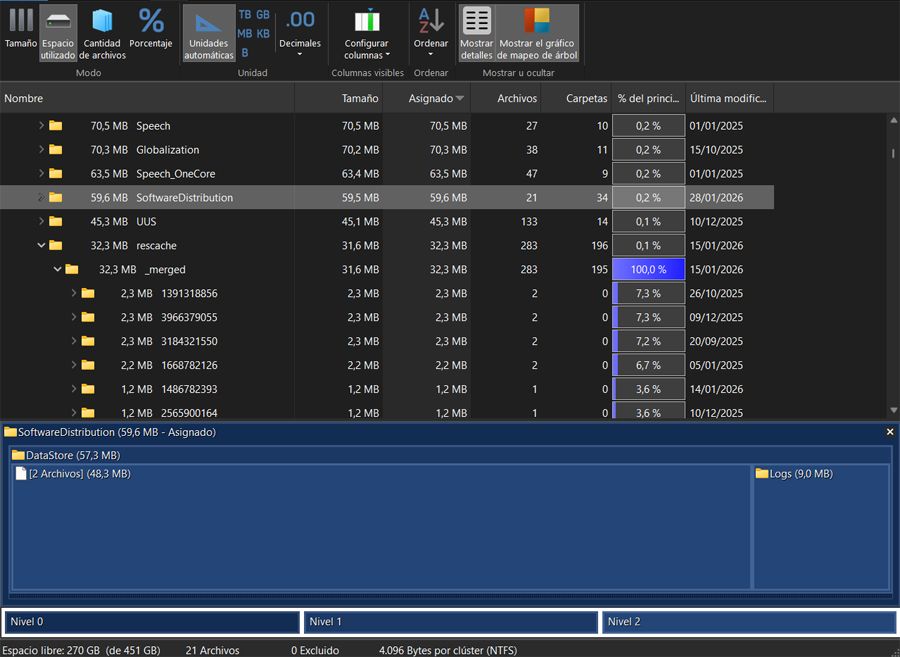 Interfaz principal del programa TreeSize para la gestión de archivos y carpetas de disco.
