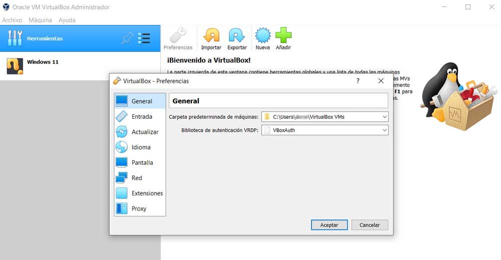 Interfaz principal de la aplicación Virtualbox para virtualizar sistemas operativos