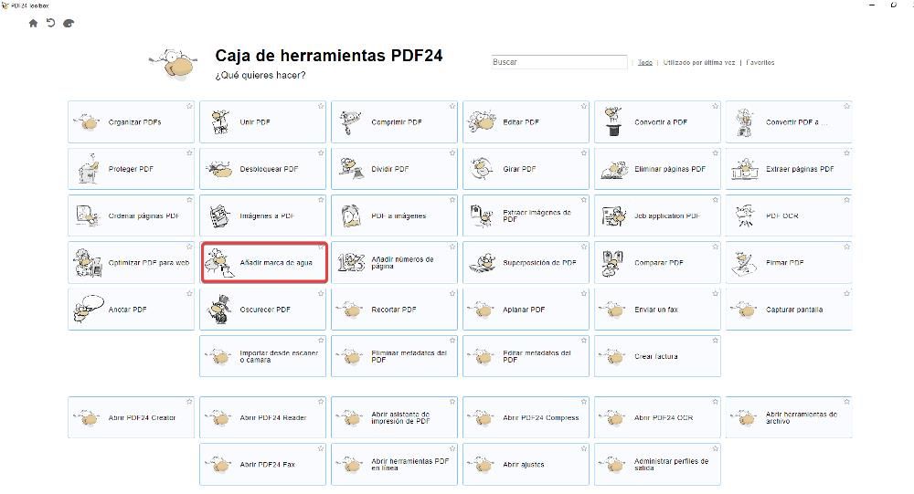 Interfaz de herramientas de PDF24 para trabajar con documentos