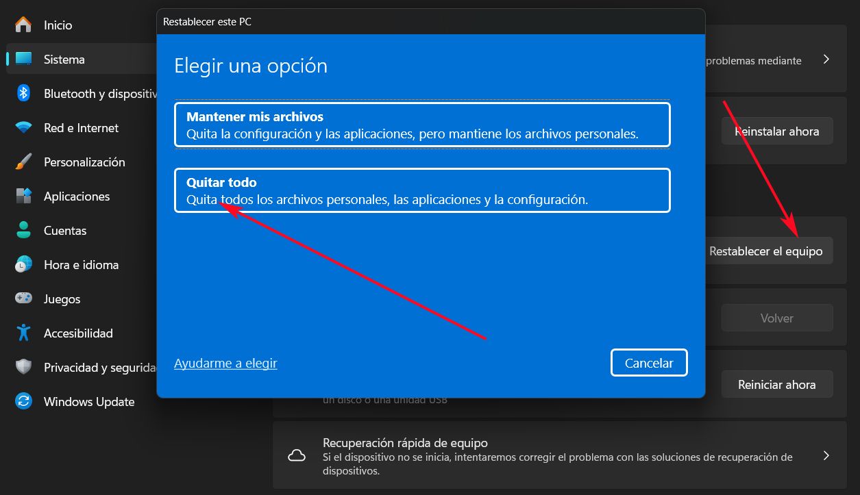 Función Quitar todo de Configuración en una ventana azul de Windows 11.