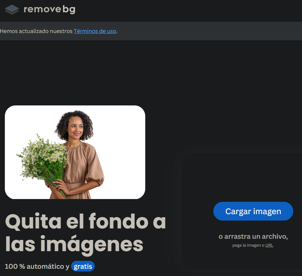 Interfaz de removebg para quitar el fondo de nuestras imágenes.