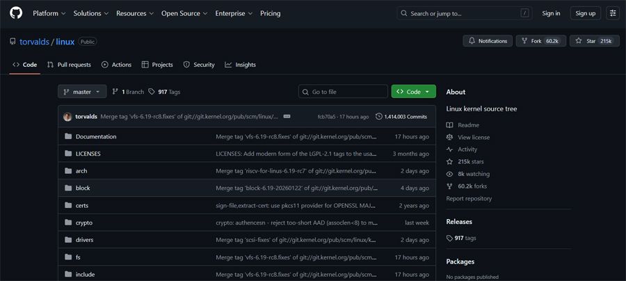 Repositorio oficial de Linux propiedad de Linus Torvalds en GitHub.