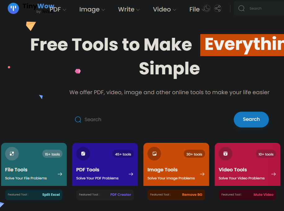 Interfaz web de Tinywow con sus diferentes herramientas disponibles de varios colores.