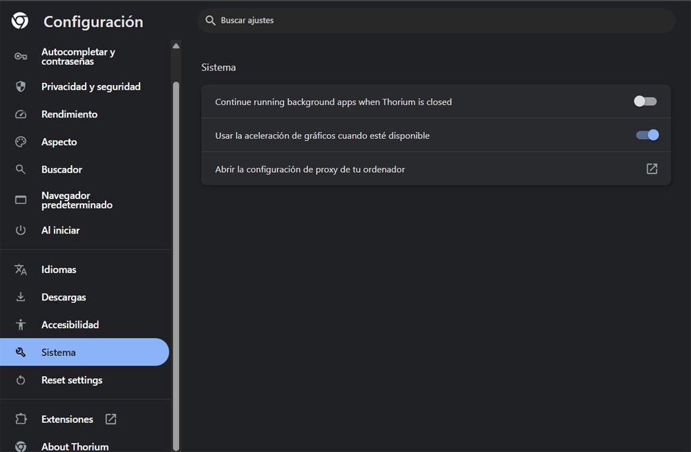 Ventana que muestra las opciones de configuracion del navegador Thorium.