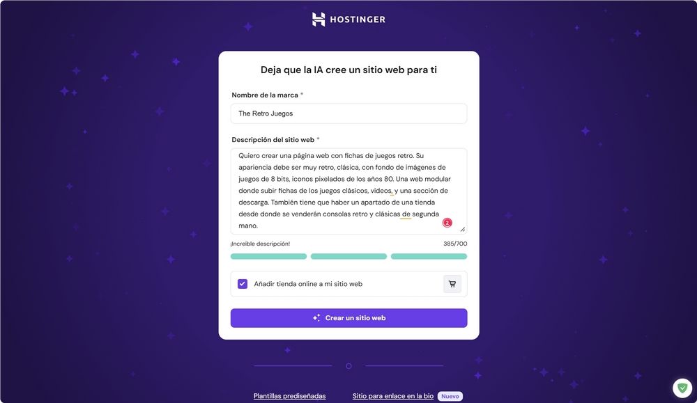 Formulario del creador de sitios web con IA de Hostinger para una página temática de videojuegos retro.