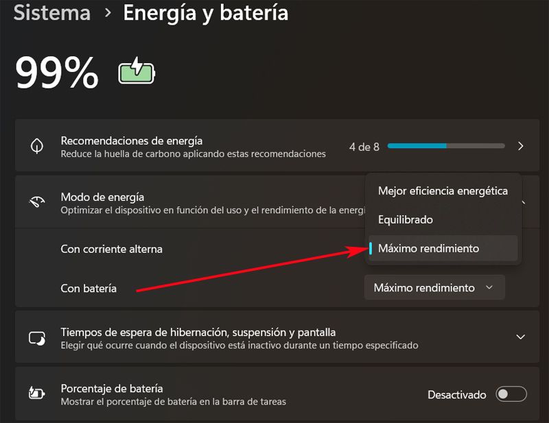 Activar modo Máximo rendimiento Windows Configuración
