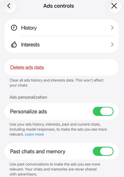 Ajustes para la configuración de los anuncios en ChatGPT.
