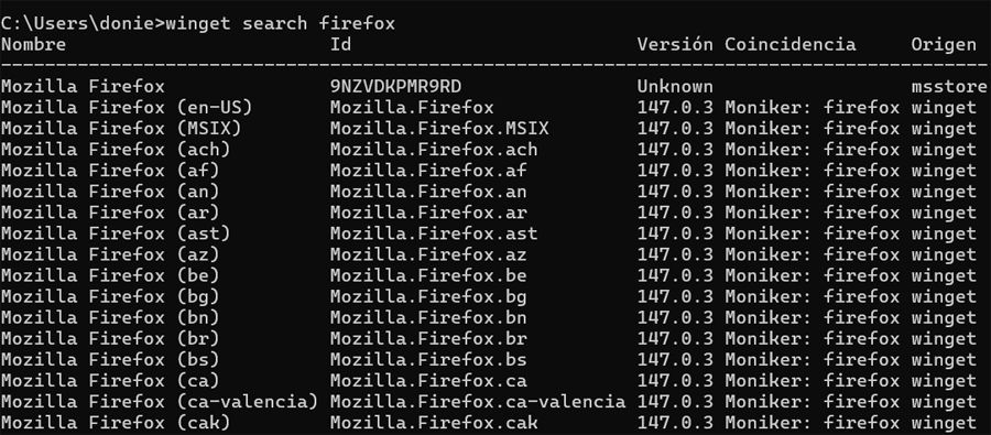 Modo de Búsqueda de aplicaciones usando el comando Winget.