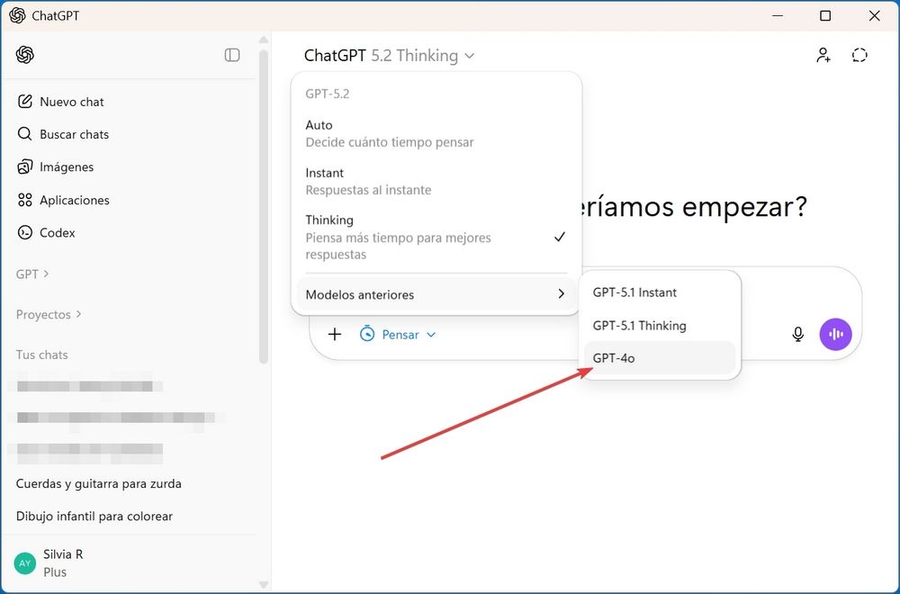 Selector de modelos en ChatGPT mostrando las opciones GPT-5.2 y GPT-4o con una flecha indicativa roja sobre esta última.