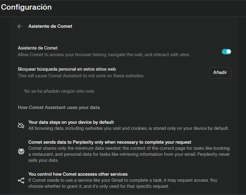 Configuración de las opciones y parámetros del navegador Perplexity Comet