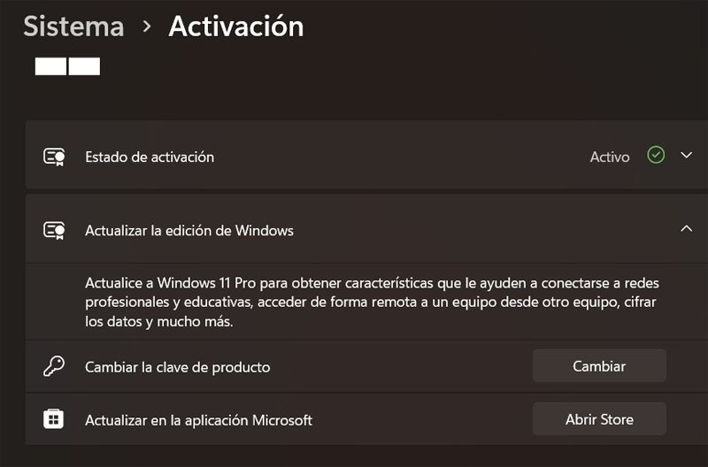 Sección de la app de Configuración para cambiar a Windows 11 Pro.