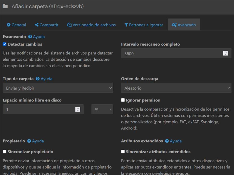 Configurar carpetas para después sincronizar en SyncThing.