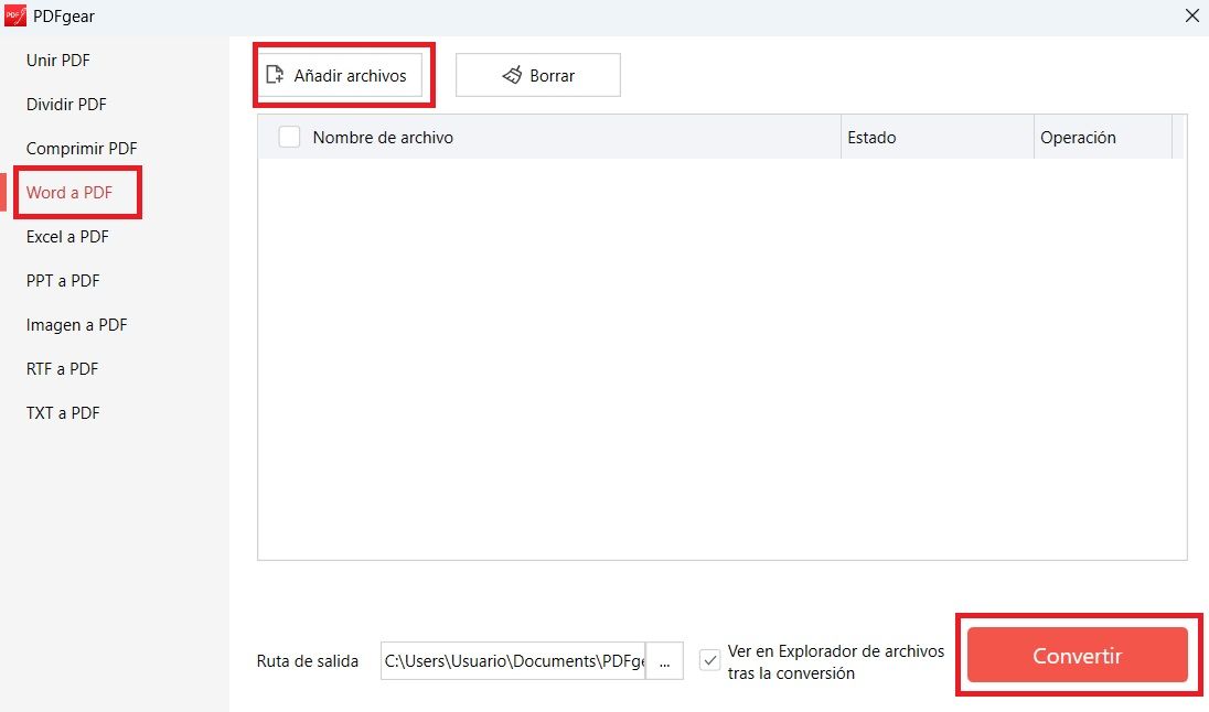 Pasos para convertir archivo a PDF en PDFGear.