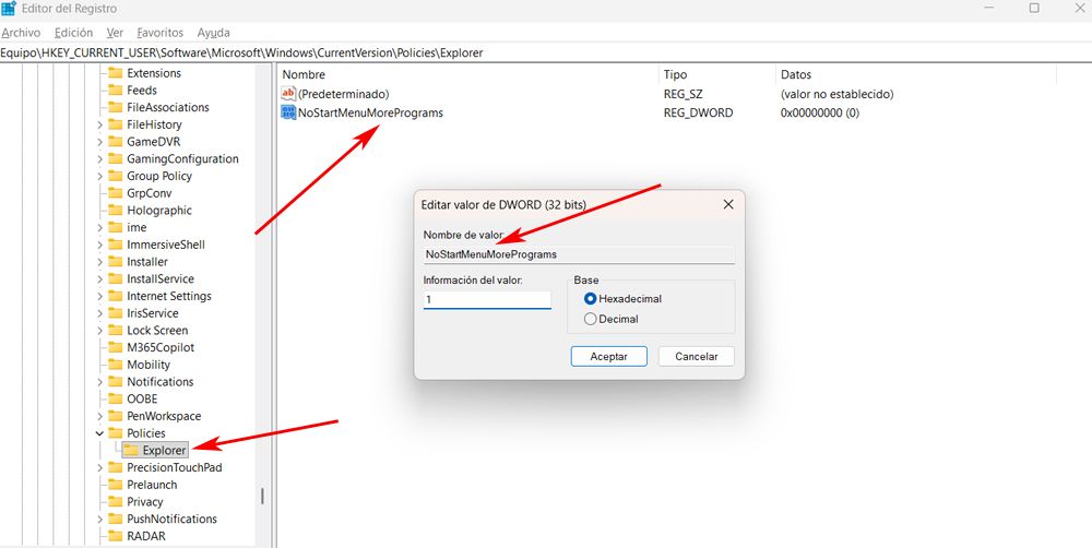 Editor del registro de Windows 11 con el cambio para el menú Inicio.