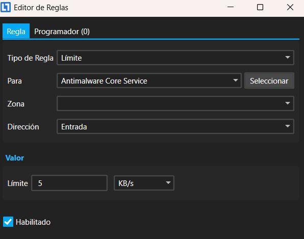 Establecer reglas y límites en el progama NetLimiter para su personalización.