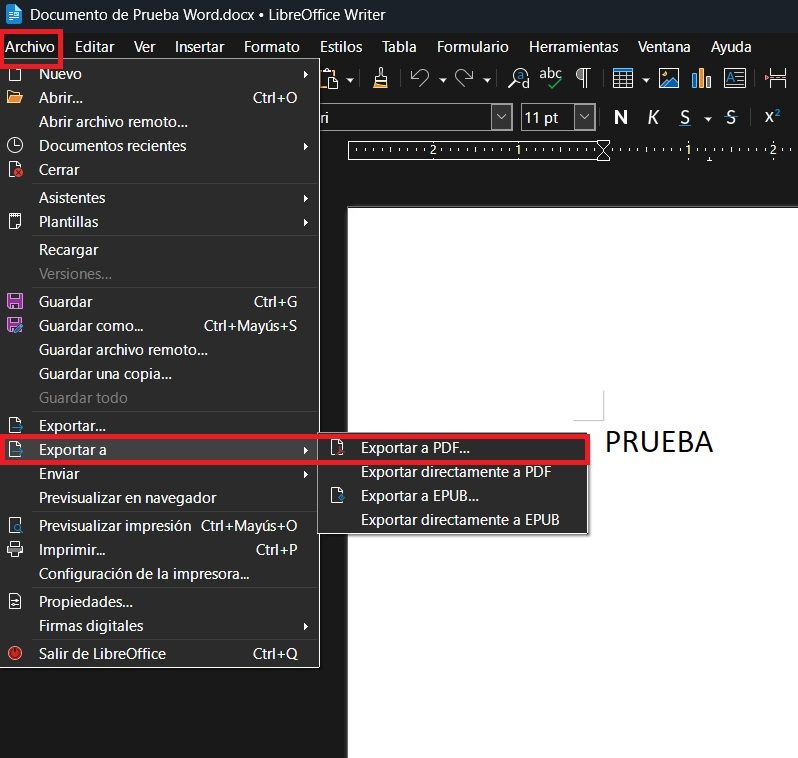 LibreOffice Writer, opciones para exportar un DOCX en PDF.