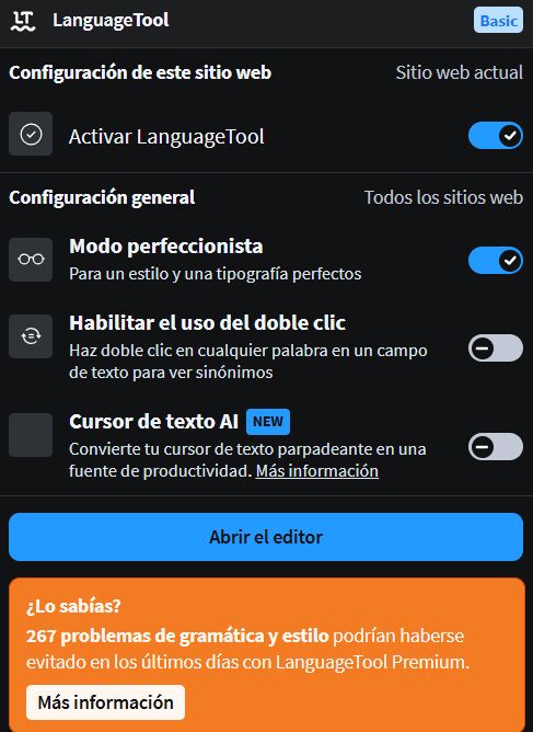 Extensión del navegador Google Chrome llamda LanguageTool en su ventana de configuración.